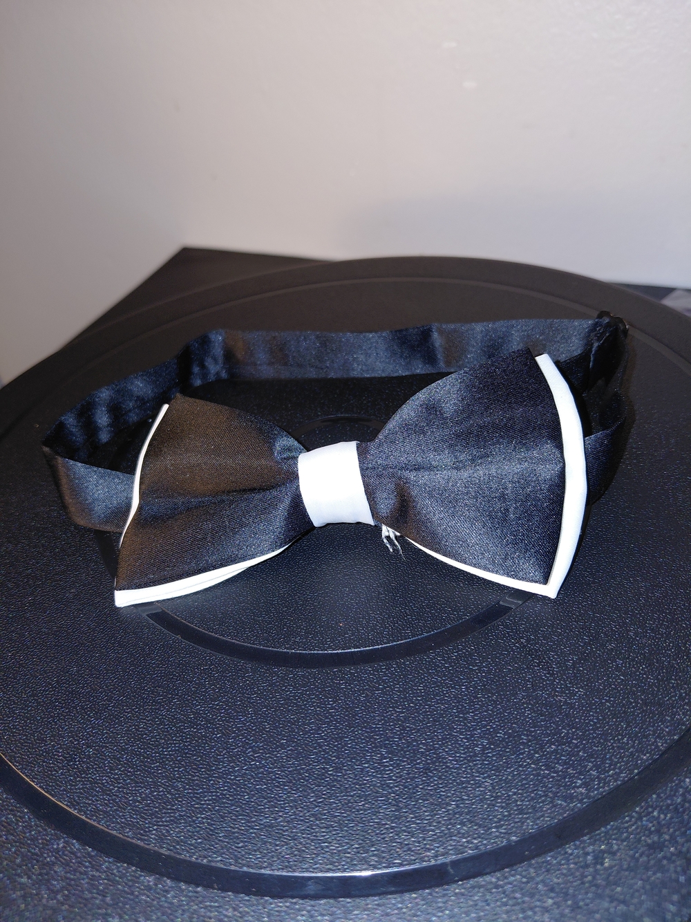 Men's Black Satin Bow Tie with White Trim - Elegant Formal Accessory